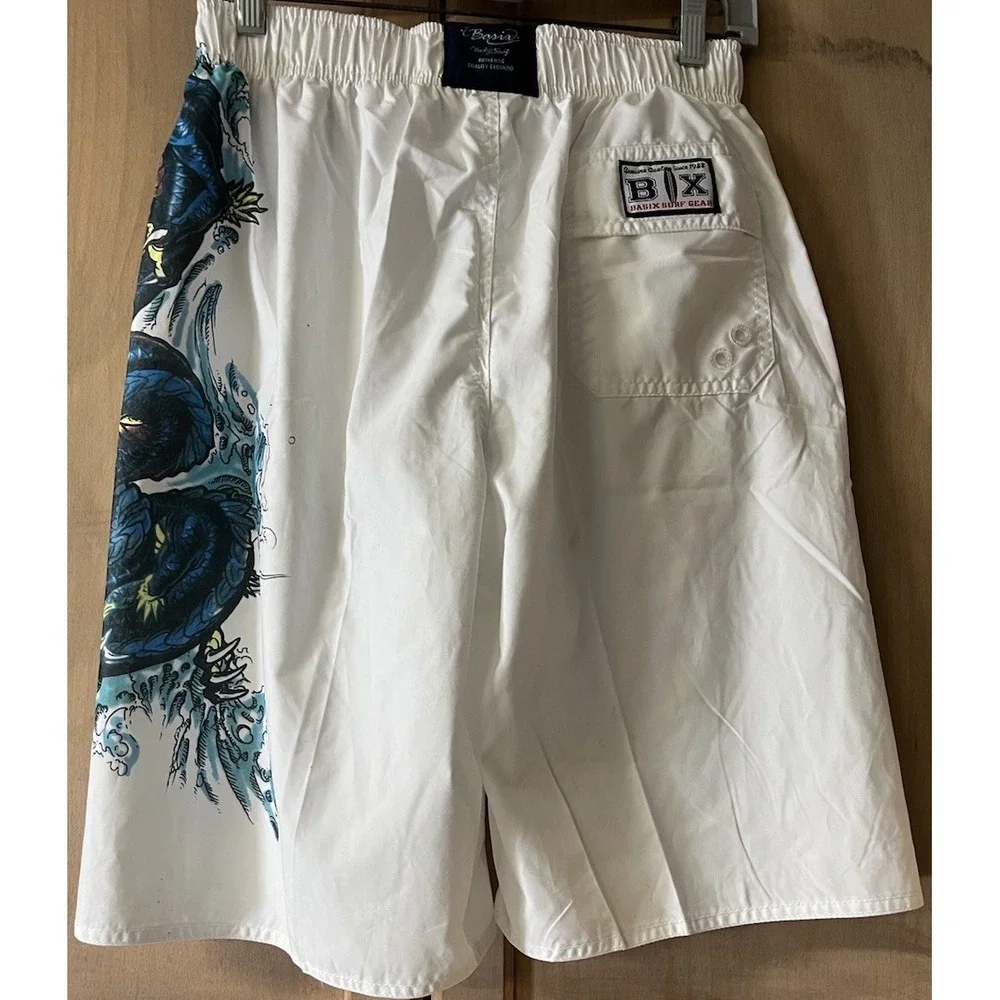 BASIX BODY SURF MEN'S BOARD SWIM SHORTS SIZE MEDIUM‎ WHITE/SERPENT NWT